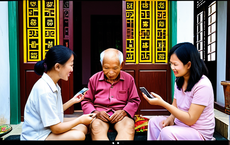 **Prompt 1: Cultural Comfort in Digital Interfaces**
"A candid, warm photograph of a Vietnamese elderly person, possibly with family members, comfortably interacting with a smartphone displaying a mobile application. The app interface on the screen is visually rich, featuring vibrant colors, abundant information, and clear, detailed elements, reflecting a sense of security and familiarity that contrasts with minimalist designs. The setting is a cozy Vietnamese home, subtly hinting at traditional comfort. The image should convey warmth, trust, and a deep sense of belonging through familiar digital design."