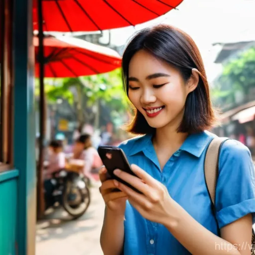 맥락 인식 UX의 관점에서 본 사용자 행동 변화 - **Prompt:** A young Vietnamese woman, mid-20s, with a warm smile, is walking down a vibrant, bustlin...