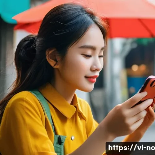 Home 32 소셜 미디어에서의 맥락 인식 UX 적용 - A vibrant social media app interface on a modern smartphone held by a young Vietnamese woman sitting...