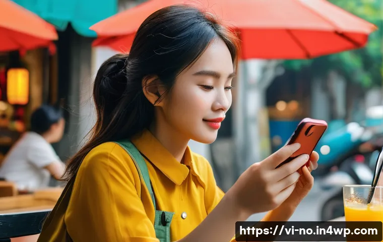 소셜 미디어에서의 맥락 인식 UX 적용 - A vibrant social media app interface on a modern smartphone held by a young Vietnamese woman sitting...