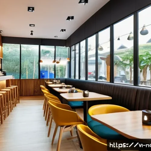 Home 31 상황 인식 기술의 발전과 UX 디자인 - A modern Vietnamese smart café interior filled with diverse customers using advanced smart devices t...