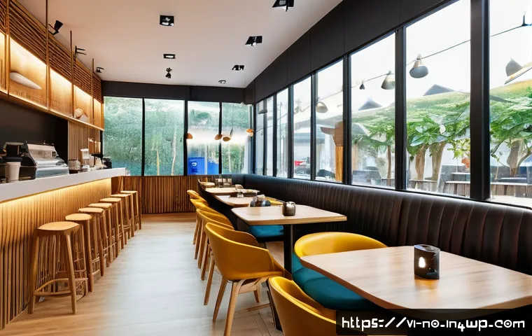 상황 인식 기술의 발전과 UX 디자인 - A modern Vietnamese smart café interior filled with diverse customers using advanced smart devices t...