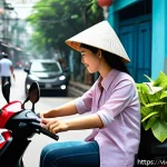 Home 18 UX 디자인과 기술의 융합 맥락 인식의 역할 - A modern Vietnamese woman using a mobile banking app on her smartphone while riding a motorbike in H...