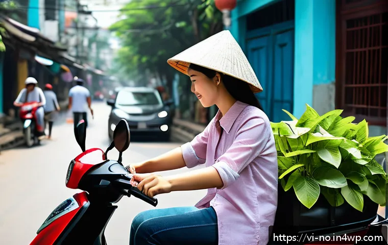 UX 디자인과 기술의 융합 맥락 인식의 역할 - A modern Vietnamese woman using a mobile banking app on her smartphone while riding a motorbike in H...