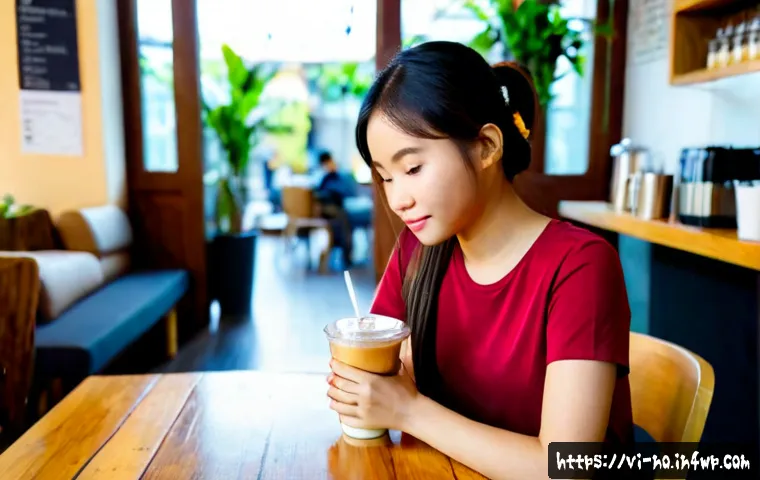 Home 17 맥락 인식 UX에서의 대화형 디자인 요소 - Photorealistic modern Vietnamese coffee shop, a young Vietnamese woman seated at a clean wooden tabl...